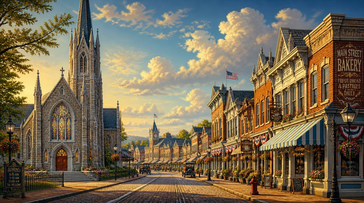 Main Street in Millfield, Illinois — a charming small town with a stone church, brick storefronts, and a clock tower in the distance