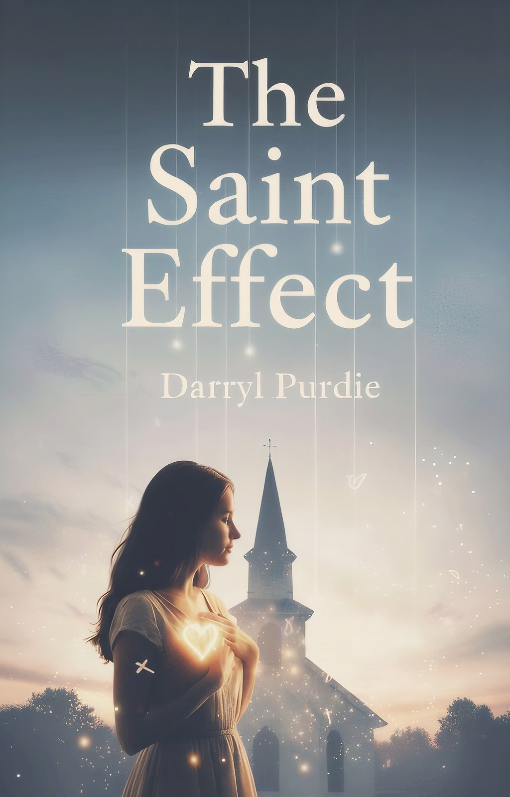 The Saint Effect book cover by Darryl Purdie — a woman with a glowing heart stands before a church steeple at dawn